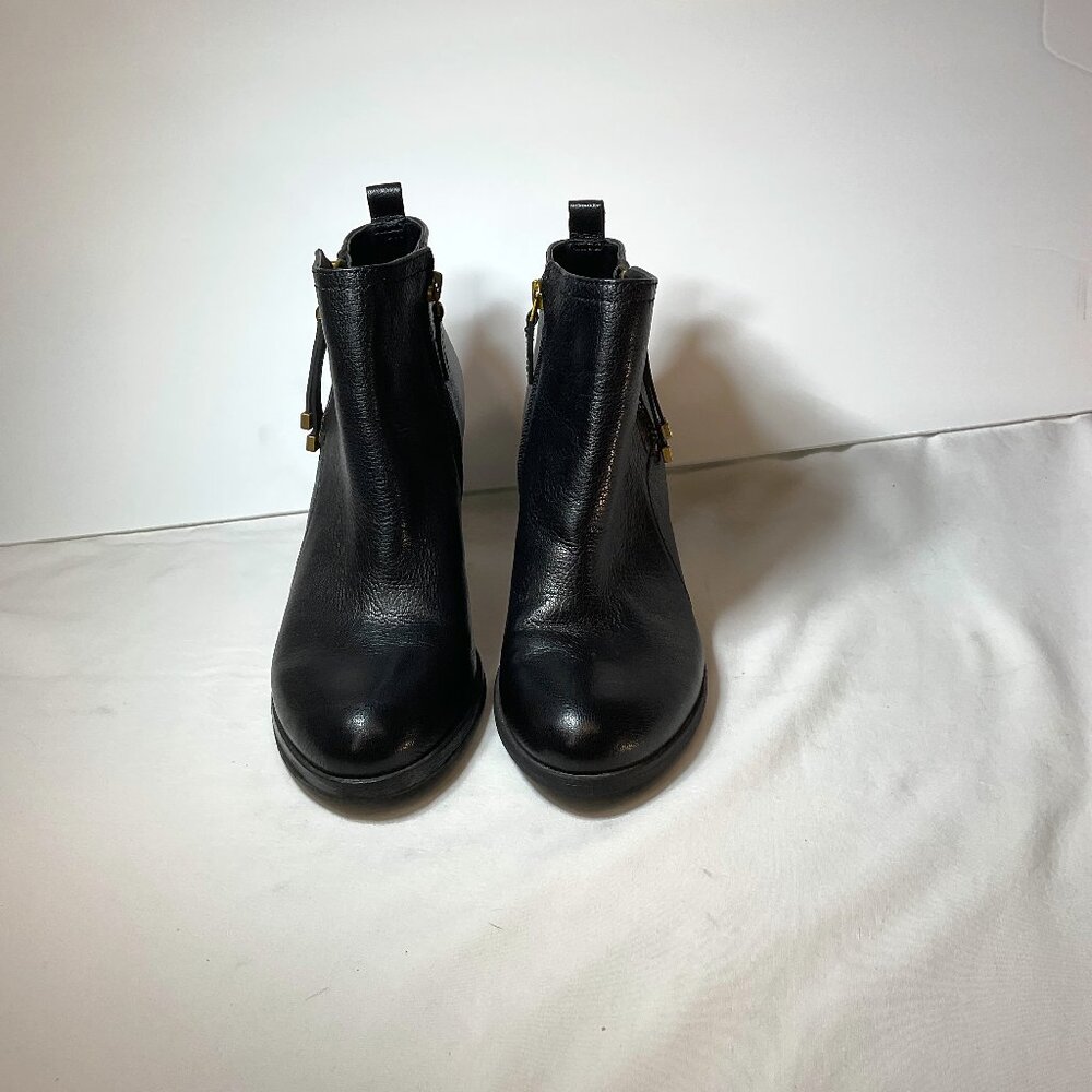 Franco Sarto Diana Black Leather Ankle Boot,High heel Zipper, 8.5